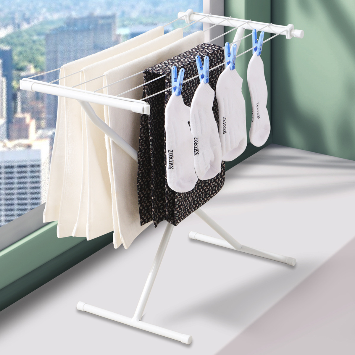 Cross-Border Thickeneded Medium Bay Window Clothes Drying Rack Floor-Standing Foldableing Bedroom Room Balcony X-Shaped White Baby Clothes Drying Rack