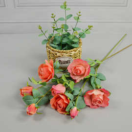 3D打印4头胭脂玫瑰仿真花批发 绢布瓶花室内客厅摆放婚礼堂装饰花