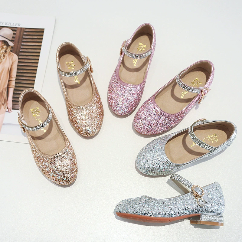 Простые туфли принцессы с блестками в Корейском стиле, кожаные туфли для девочек с круглым носком на толстом каблуке, однослойные туфли для девочек в индивидуальном стиле