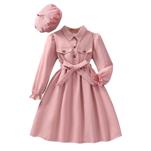 A women's long-sleeve collared plain color dress with a belt and hat.