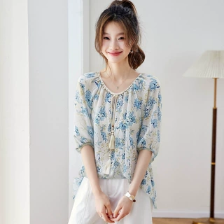 法式碎花雪纺短袖t恤女2026夏季新款洋气质妈妈上衣遮肚显瘦小衫