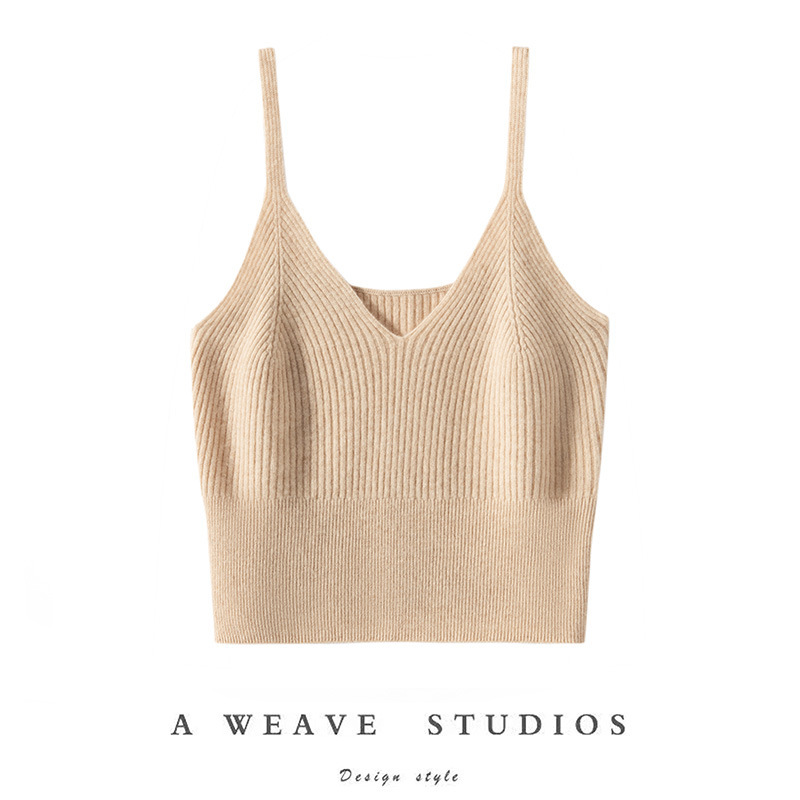 Cashmere Camisole Women's Autumn and Winter New V Neck Vest Versatile High-Waisted Knitted Sleeveless Short Fashion Pure Color Top