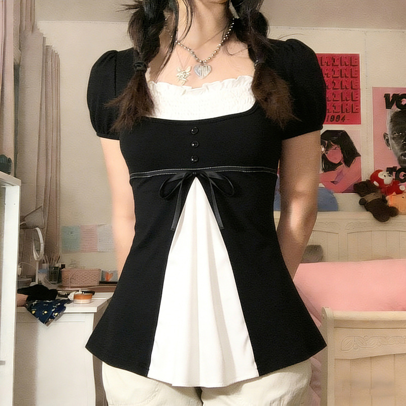 Korean-Style Casual College Style Color-Blocked Pleated Doll Collar Short-Sleeve T-Shirt for Women with Puff Sleeves and Bow, Age-Reducing A-Line Top Korean-Style Casual College Style Color-Blocked Pleated Doll Collar Short-Sleeve T-Shirt for Women with Puff Sleeves and Bow, Age-Reducing A-Line Top