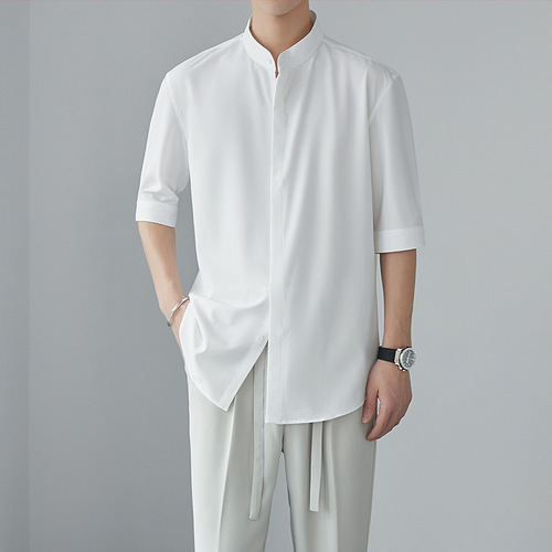 New Chinese-style stand-neck mid-sleeve shirt for men in early spring new niche shirt with ice silk hanging mid-sleeve shirt white