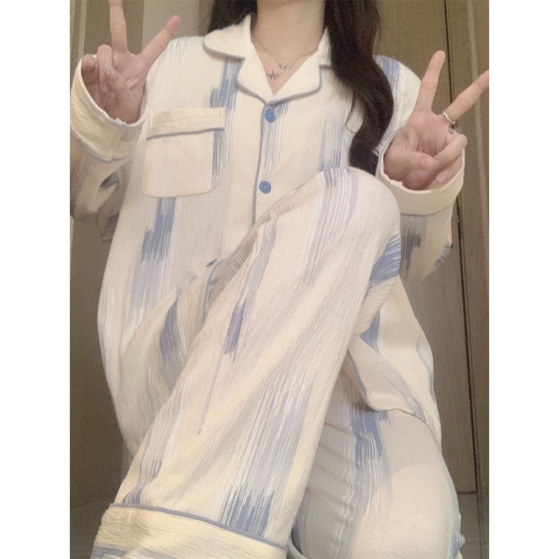 잠옷 여성의 봄과 가을 카디건 긴 소매 바지 달콤한 귀여운 2023 새로운 INS 스타일 기숙사 홈 세트