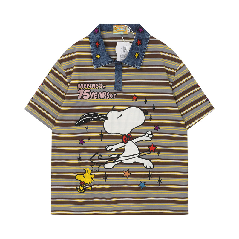 American Retro Cartoon Embroidered Striped Denim Collar Polo Shirt for Men and Women, Loose Casual Versatile Short-Sleeve T-Shirt for Couples American Retro Cartoon Embroidered Striped Denim Collar Polo Shirt for Men and Women, Loose Casual Versatile Short-Sleeve T-Shirt for Couples