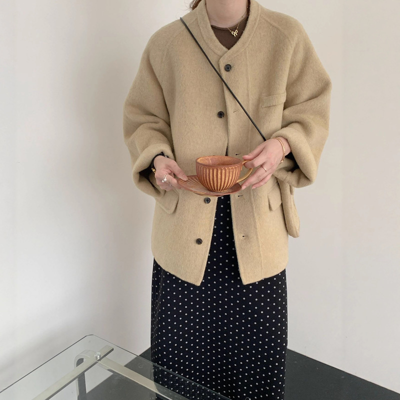 Round-Neck Double-Sided Woolen Coat for Women, Mid-Length, Single-Breasted, Thickened, Petite, High-End Woolen Jacket, Korean Style Woolen Coat