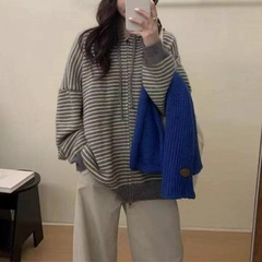 日系撞色条纹连帽针织衫女秋冬新款跨境宽松慵懒风休闲毛衣外套女