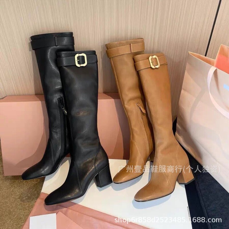 Miu~ Runway Style Chunky Heel Belt Buckle Side Zipper Long Boots, Elegant Square Toe Knee-High Slim High Boots