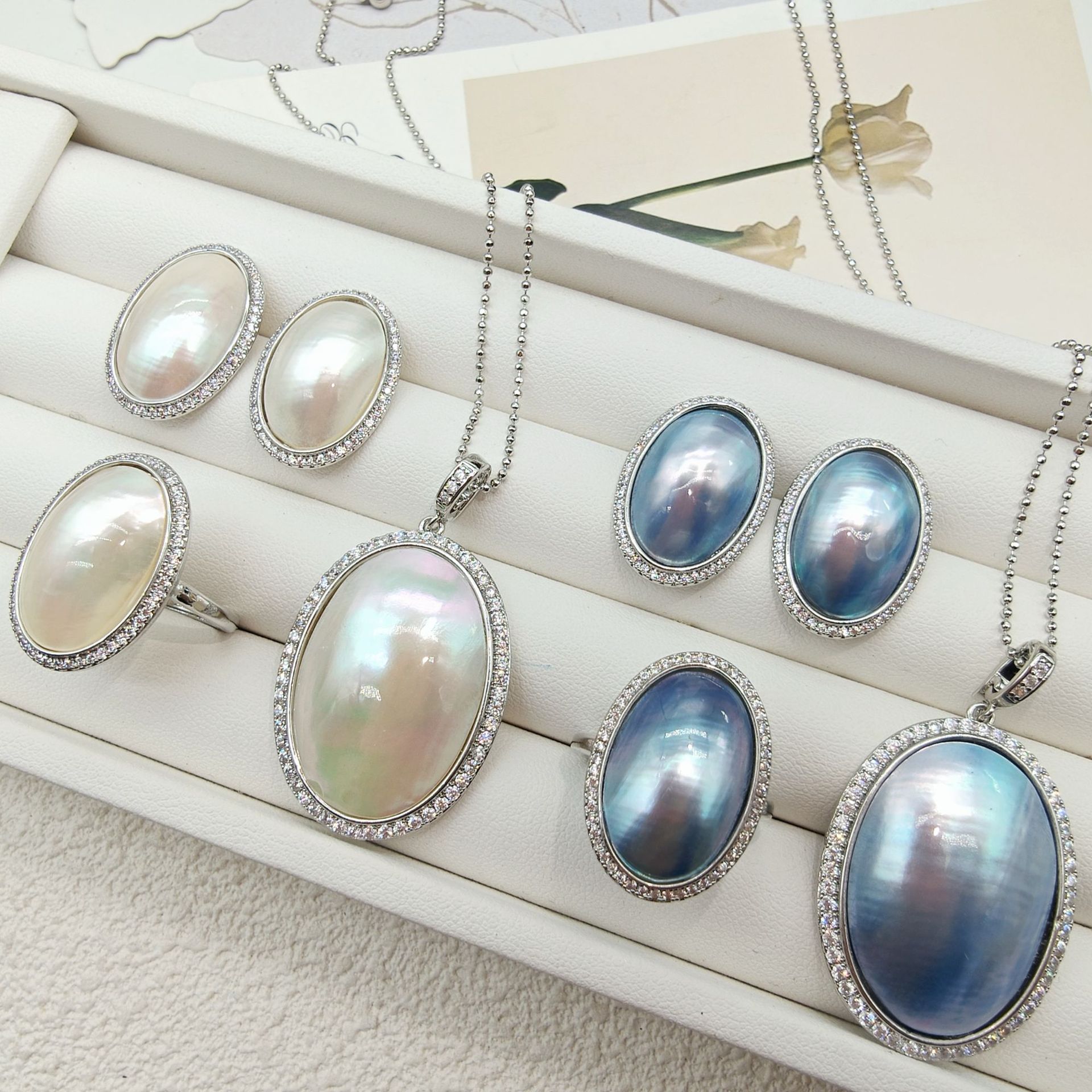 25-45mm Seawater Blue Mabe Pearl Pendant, Zircon Inlaid Mabe Earring Ring Pendant Set Wholesale