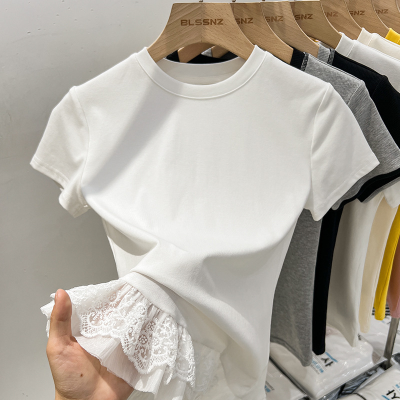 2026 Summer New Style French Lace White Right-Shoulder Short-Sleeved T-Shirt for Women, Sweet Short Design, Slimming Top