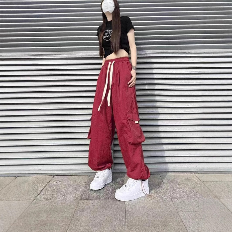 American Style High Street Caught Pants Women's Pocket Spring and Autumn Straight Pants Women's Wide Leg Pants Red Sports Pants