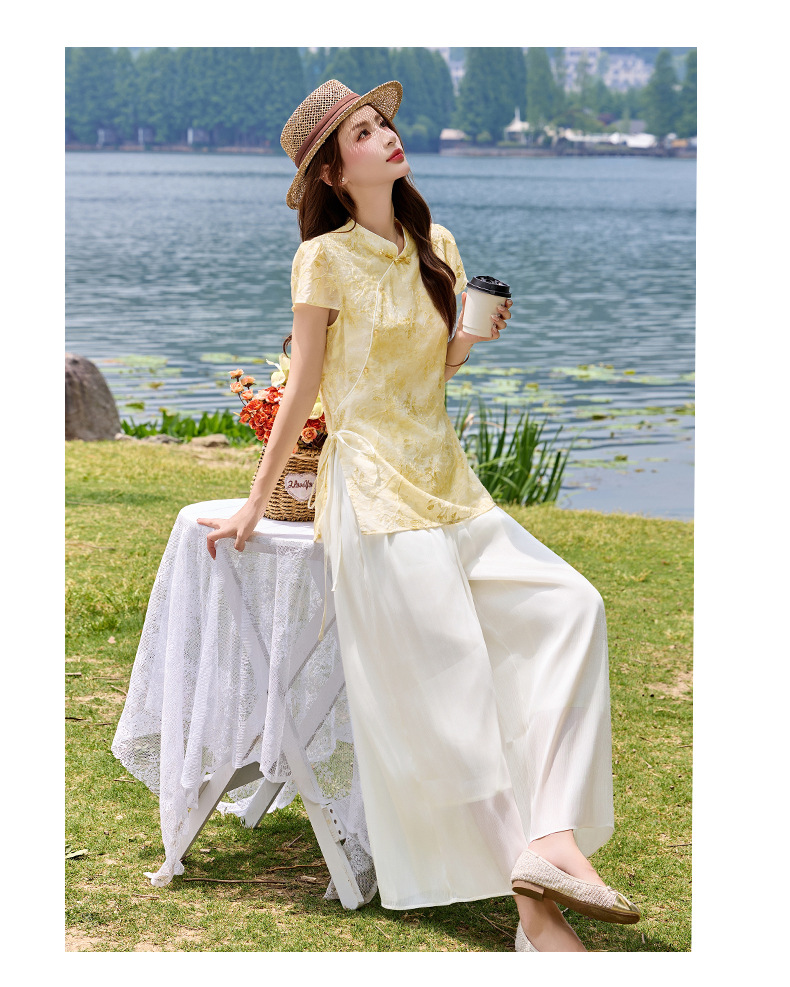 Bộ áo sơ mi cổ đức in họa tiết kết hợp quần dài hai mảnh nữ thời trang — Xanh lá cây nhạtcolor, Vàng nhạt chi tiết 14
