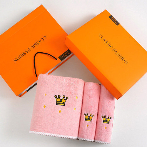 Coral velvet towel set with embroidery crown letter thick edge absorbent soft gift face washing bath towel