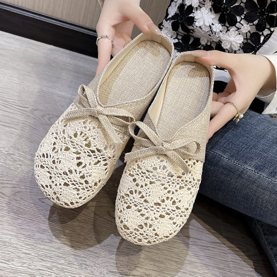 Jinbukang Slippers Women's New Summer All-match Outer Wear Mesh Breathable Non-slip Linen Cotton Cloth Half Slippers Sandals
