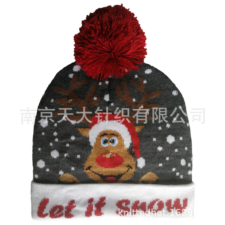 发光帽子 6灯毛线帽 小鹿圣诞老人卡通 LET IT SNOW 红色毛球