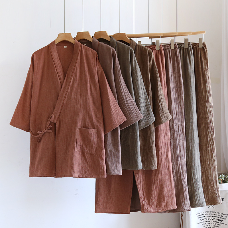 Men's Japanese-Style Pure Cotton Crepe Kimono Pajamas Spring and Autumn Yarn-Dyed Small Check Nine-Point Sleeve Long Pants Plus-Size Loungewear Set