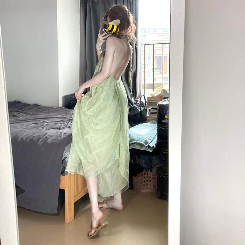 Beach Vacation Style Backless V-Neck Halter Dress for Women, Summer Fashion, French-Style Sexy and Elegant Long Dress, Trendy on Instagram Beach Vacation Style Backless V-Neck Halter Dress for Women, Summer Fashion, French-Style Sexy and Elegant Long Dress, Trendy on Instagram