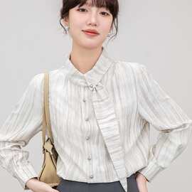 实拍竖条纹长袖衬衫女2025春秋季新款小众设计感飘带衬衣别致上衣
