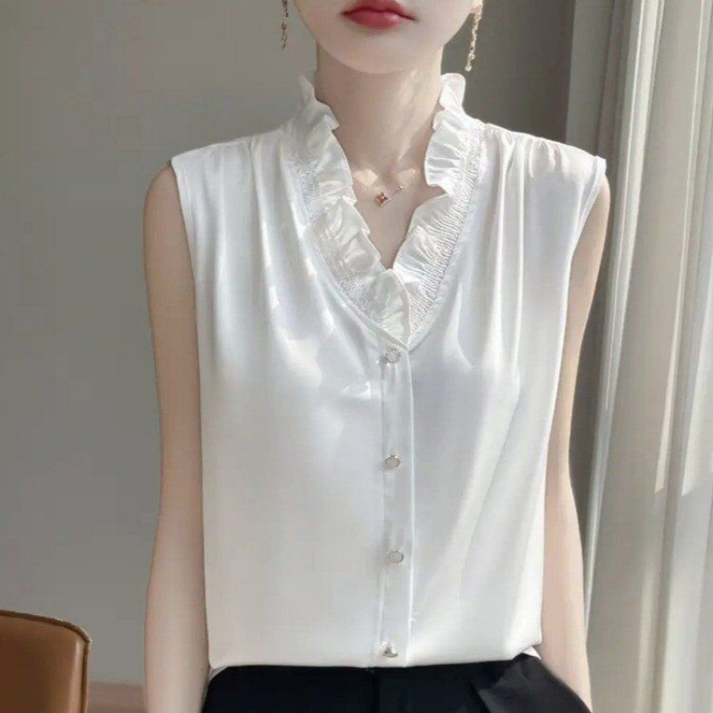 V-Neck Ruffled Solid Color Sleeveless Shirt Top, Chanel-Style French White Satin Lace Camisole Blouse