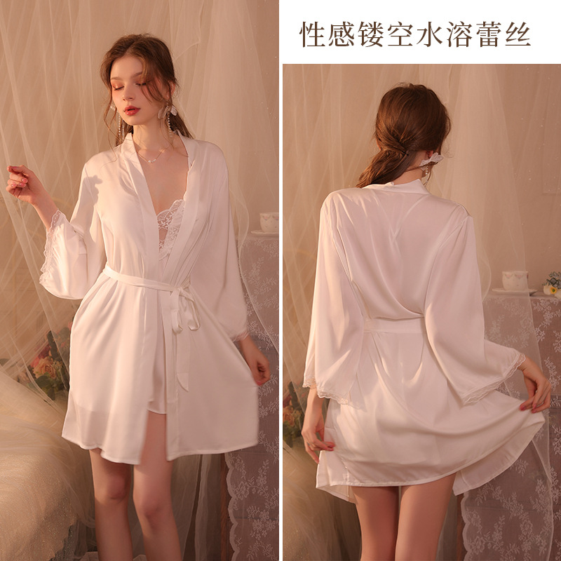 Conjunto de pijama sexy, vestido de tirantes sin espalda de seda helada transparente, ropa de estar por casa, disponible para dropshipping A123, estilo suave y relajado.