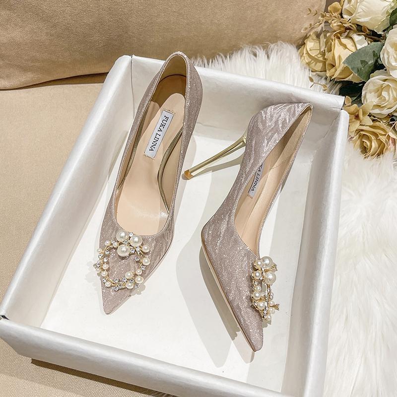 Huizhou Handmade Women's Shoes 2025 New Style Pearl French Champagne Color Bridal Wedding Shoes, Comfortable for the Feet, High Heels Huizhou Handmade Women's Shoes 2025 New Style Pearl French Champagne Color Bridal Wedding Shoes, Comfortable for the Feet, High Heels