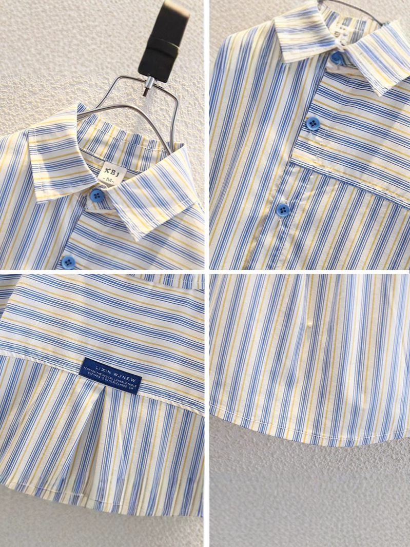 7960 Camisa de manga corta para niños de verano, hermosa blusa de solapa a rayas verticales para niños, camisa para niños pequeños y medianos, estilo de moda de verano