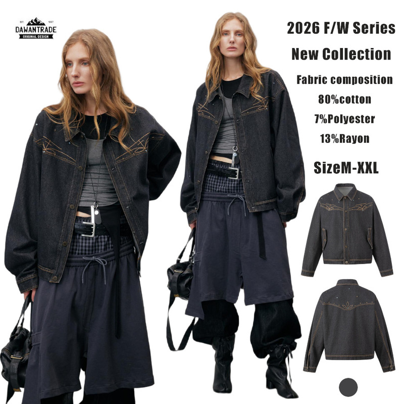 DAWAN26FW Nomadic Style Western Embroidered Denim Jacket with Turn-down Collar, Loose Fit, Metal Stars, Washed Denim Jacket DAWAN26FW Nomadic Style Western Embroidered Denim Jacket with Turn-down Collar, Loose Fit, Metal Stars, Washed Denim Jacket