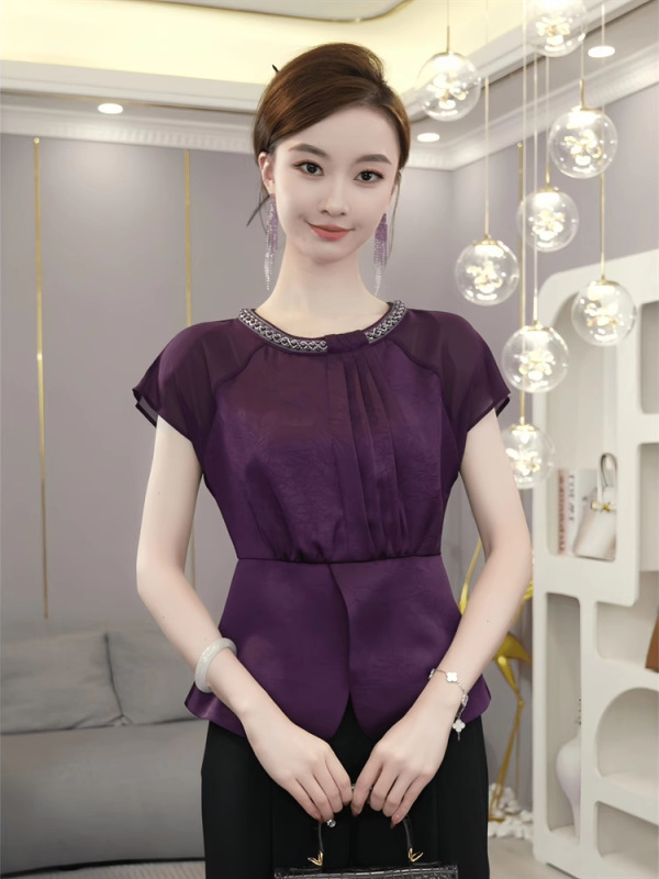 法式独特高级感女士短袖衬衫2025夏季新款气质圆领紫色小衫上衣女|undefined