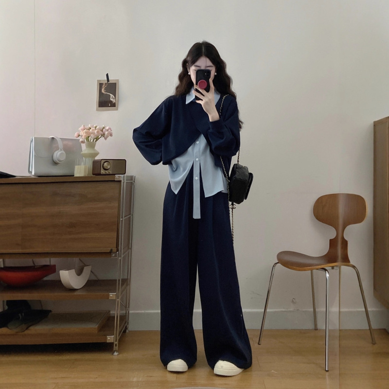 衬衫拼接假两件卫衣套装女2025秋季设计感时尚宽松阔腿裤两件套|undefined