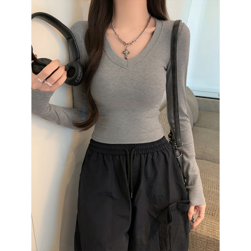 Moses Queen V-neck long-sleeve women's spring short-sleeve pure color base shirt top 62808