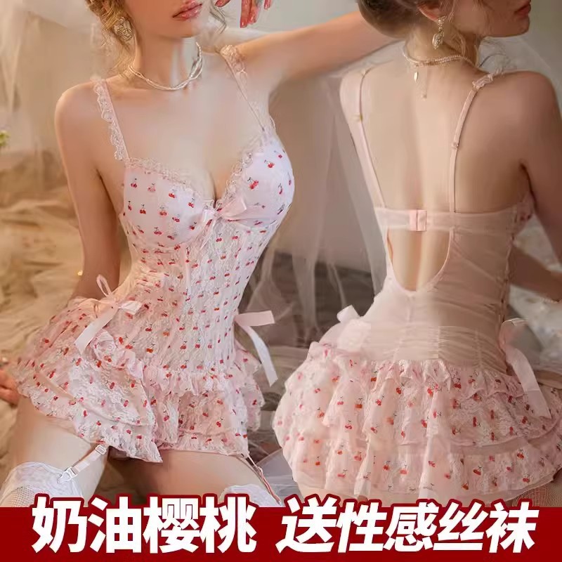 Ge Meng Sex Underwear Pure Desire Cute Cherry Pajamas Small Chest suit Steel Brackets Gather Sexy Uniform ny