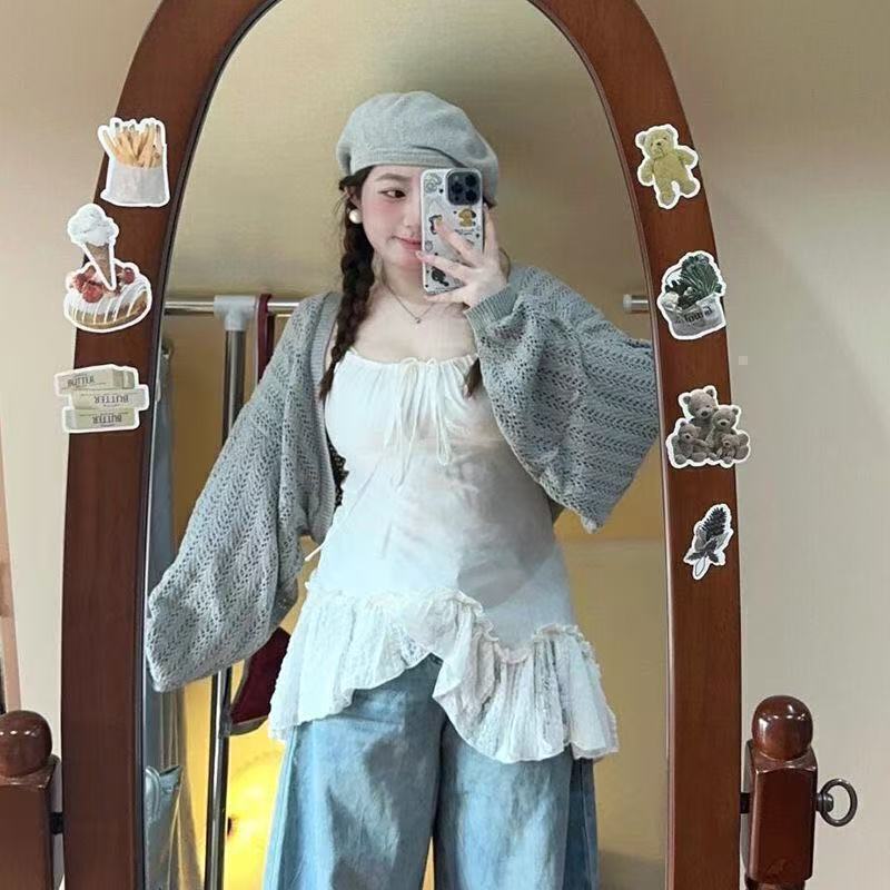 Plus-Size Women's Stylish Hollow-Out Knit Cardigan with Lace Patchwork and Camisole Set for Spring and Autumn, Super Slimming Outfit Plus-Size Women's Stylish Hollow-Out Knit Cardigan with Lace Patchwork and Camisole Set for Spring and Autumn, Super Slimming Outfit