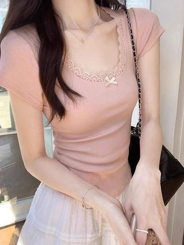 Insセクシー純欲蝶結びレース小香風半袖tシャツ女性夏U襟ショートタイプの女性t潮