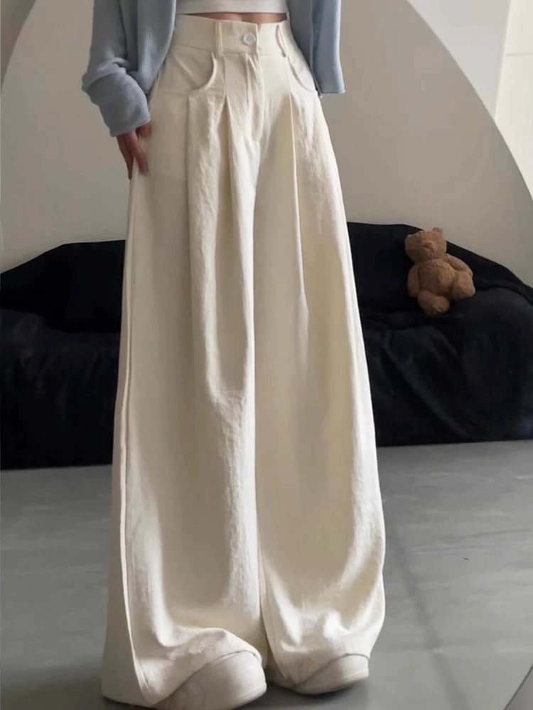 Летние белые брюки 2025 года, женские тонкие брюки с высокой талией, свободные прямые брюки, ленивые и непринужденные широкие брюки