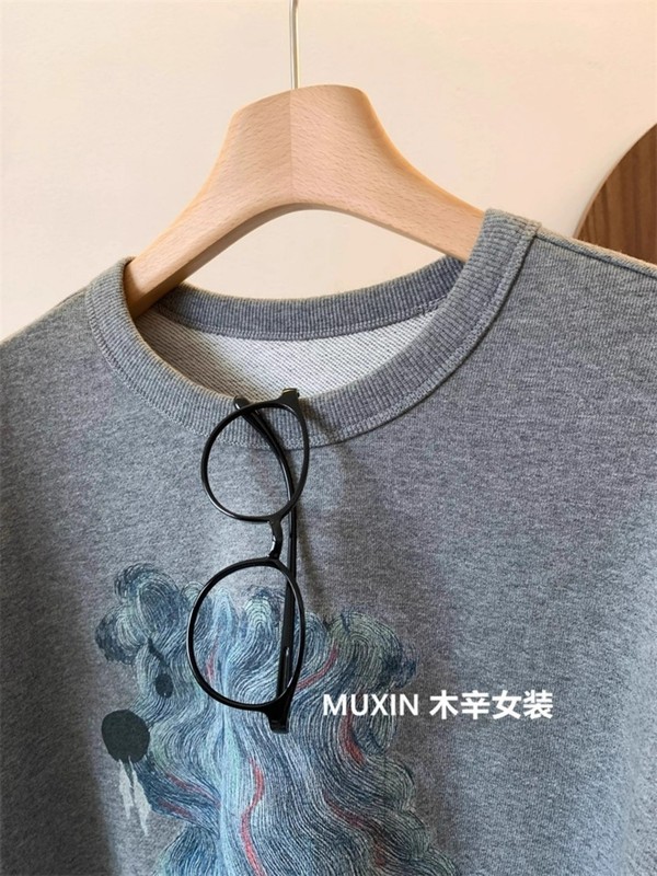 美式复古长毛狗狗印花宽松毛线圈秋季时尚大版圆领休闲卫衣女上衣|undefined