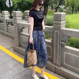 气质天丝亚麻高腰半身裙女夏2026显瘦中长碎花a字裙遮胯大摆纱裙