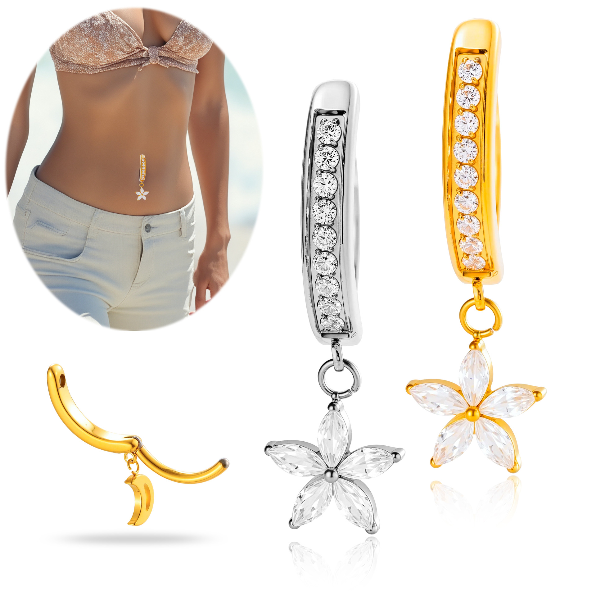 Zircon Flower Belly Button Ring In Titanium Alloy Piercing_voghion.com