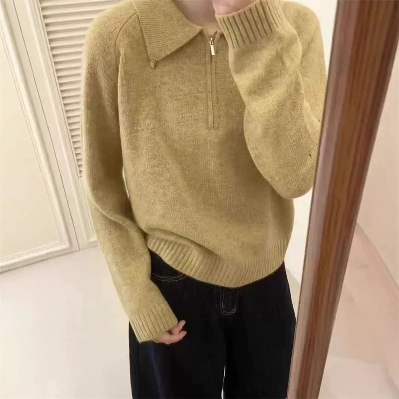 韩系慵懒风半拉链套头毛衣女2025秋冬polo领宽松简约软糯针织衫女|undefined