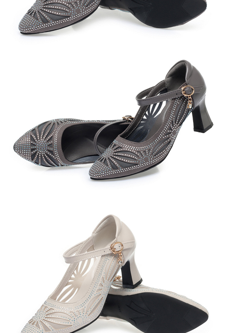 Sandal cao gót nữ hở mũi da lưới thoáng khí, gót vuông ổn định — Màu be chi tiết 15