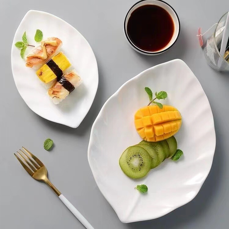 Pure White Hotel Ceramic Tableware Leaf-Shaped Flat Plate Sushi Plate Soup Plate Western Food Plate Cake Plate Dessert Plate Creative Wholesale