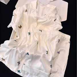 睡衣女夏2025款冰丝双短网红ins风短袖短裤小翻领新款家居服批发