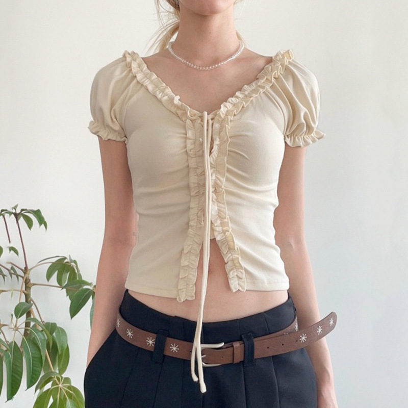 Cross-Border European and American Style Sweet Girl New Women's Clothing Neckline Pleated Lace Edge Slender Lace Decoration Slim Top Cross-Border European and American Style Sweet Girl New Women's Clothing Neckline Pleated Lace Edge Slender Lace Decoration Slim Top