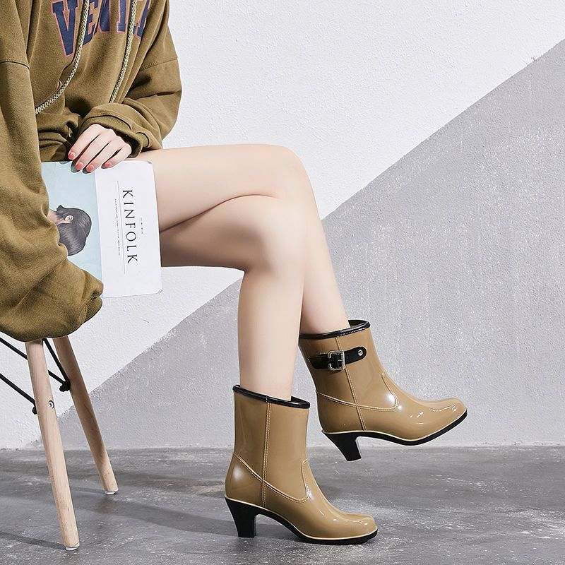 Pvc Dark Brown Mid-Calf Chunky Heel High-Heeled Rain Boots Korean Adult Rain Boots Korean Style Fashionable Slip-On Waterproof Women's Water Boots
