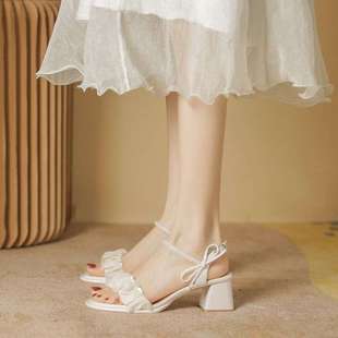 French High Heels New High-End Super Fairy Pearl Bow Fashion One-Line Buckle Summer Sandals with Skirt for Women