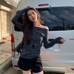 你好卡农 荡领条纹长袖t恤女早春2025新款修身显瘦设计感别致上衣