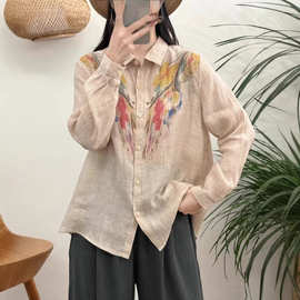 2026春夏苎麻羽毛印花长袖衬衫女宽松休闲显瘦翻领衬衣气质上衣