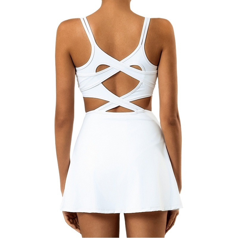 Comercio exterior transfronterizo europeo y americano deportes vestido de una sola pieza de las mujeres de alta elasticidad de secado rápido belleza espalda cruzada anti-exposición falda de tenis con almohadilla en el pecho