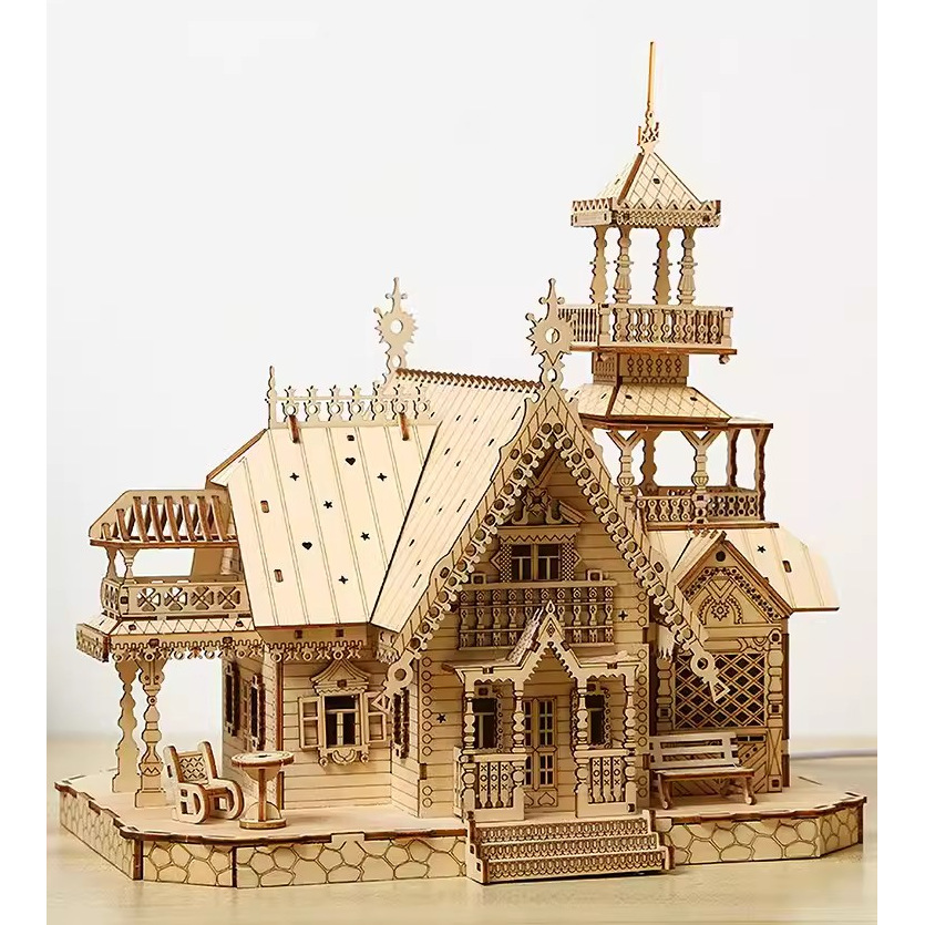 Spot 3D Stereo Assembled Model Wooden DIY Handmade Educational Toys Light Retro House