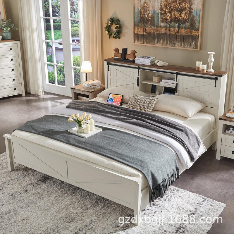 Cross-Border Exclusive New Panel Double Bed with Frame Design and Storage Function Headboard Large Size Wooden Bed